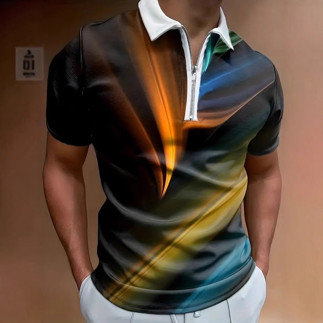 Camisa POLO con cremallera de manga corta transpirable y suelta de todo fósforo de negocios para hombres de verano, estampado colorido halo 3D