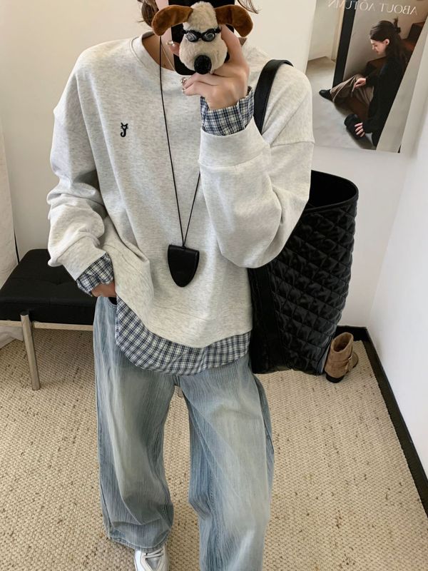 3603长袖假两件卫衣女2025秋圆领格子韩版宽松长袖上衣女韩国卫衣|undefined