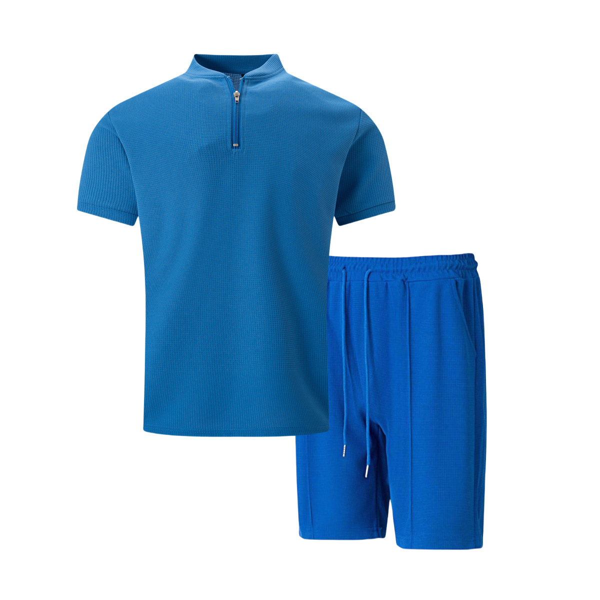 Men's Waffle Stand Collar Zip Set Casual Breathable Short Sleeve_voghion.com