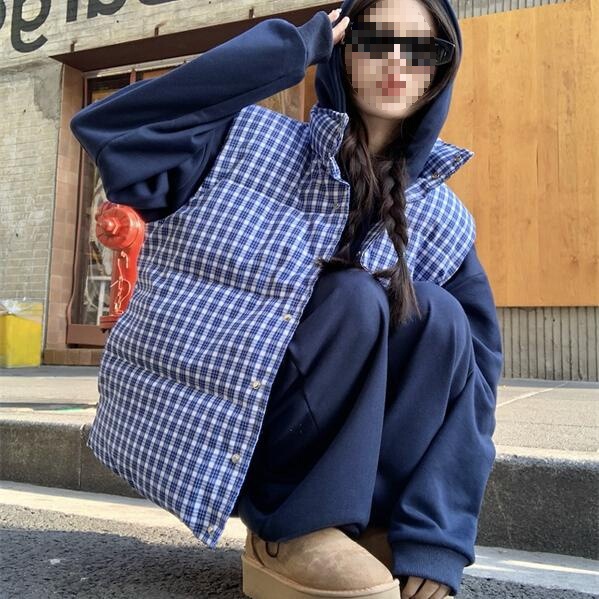 Women's Autumn/Winter Korean Style Blue Plaid Stand Collar Casual Versatile Sleeveless down Cotton Vest Set