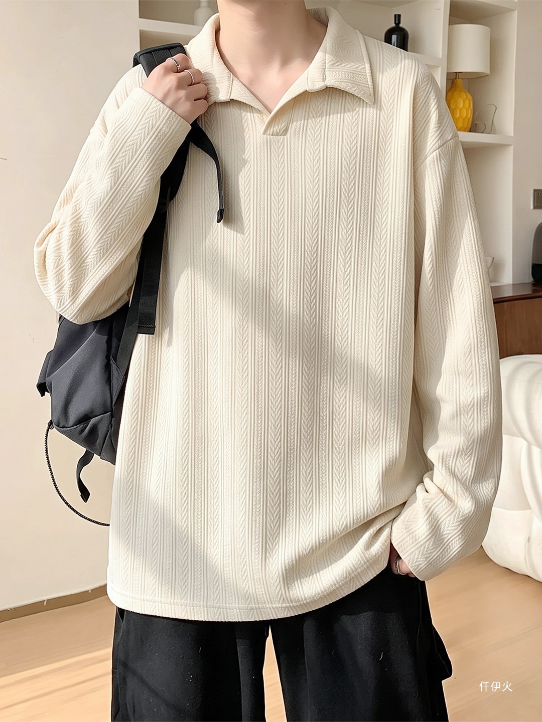 POLO shirt, long-sleeved base layer, American-style inner sweatshirt, men's autumn collection, seagull and wheat stalk design, trendy T-shirt, heavyweight fabric, retro collar