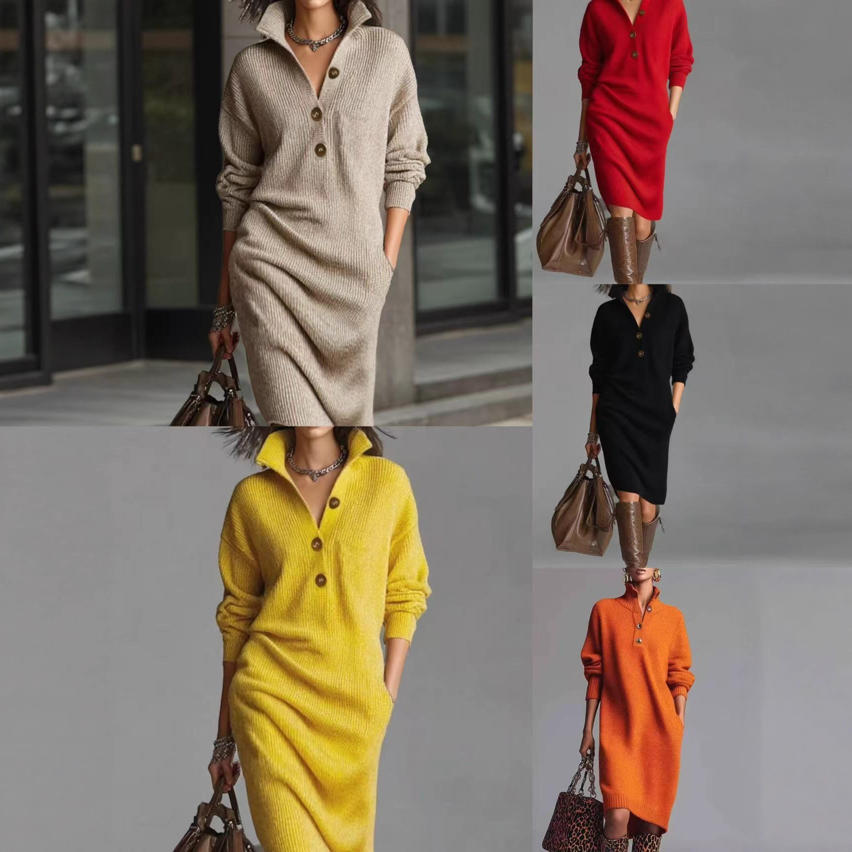 Women's European American Autumn Casual Loose Straight Knit Sweater Dress Button down Collar mid Length_voghion.com
