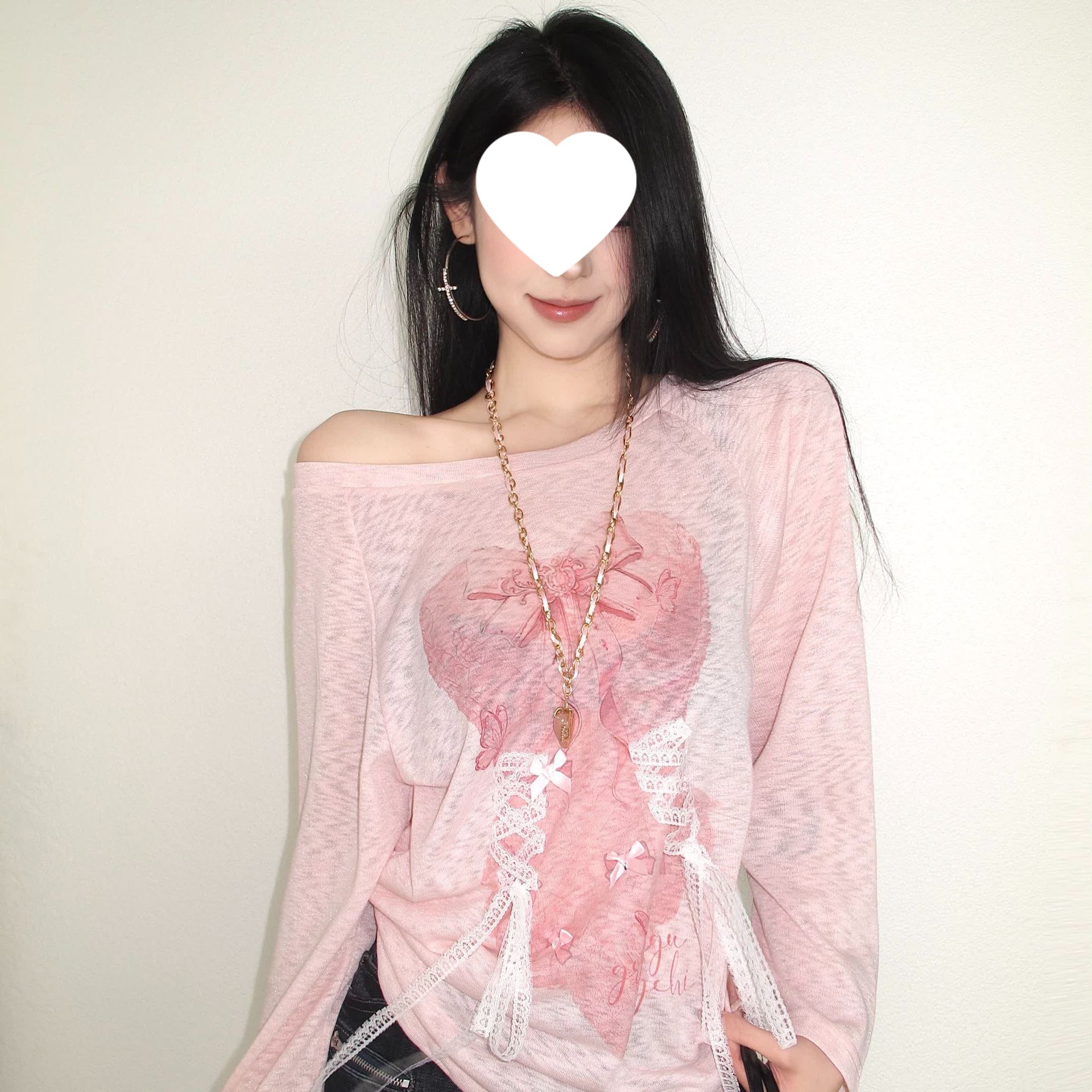甜辣女高!!!【蕾丝蝴蝶】斜肩T恤长袖女夏季显瘦薄款露肩罩衫上衣