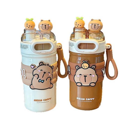 High-quality, cute cartoon insulated cup for girls, adorable student's double-drinking straw cup, portable and easy-to-carry water bottle
