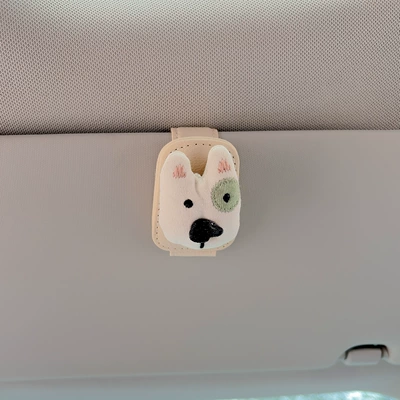 Cute Fabric Doll: Car Glasses Clip/Bill Clip - green-eyed-dog-beige-glasses-clip