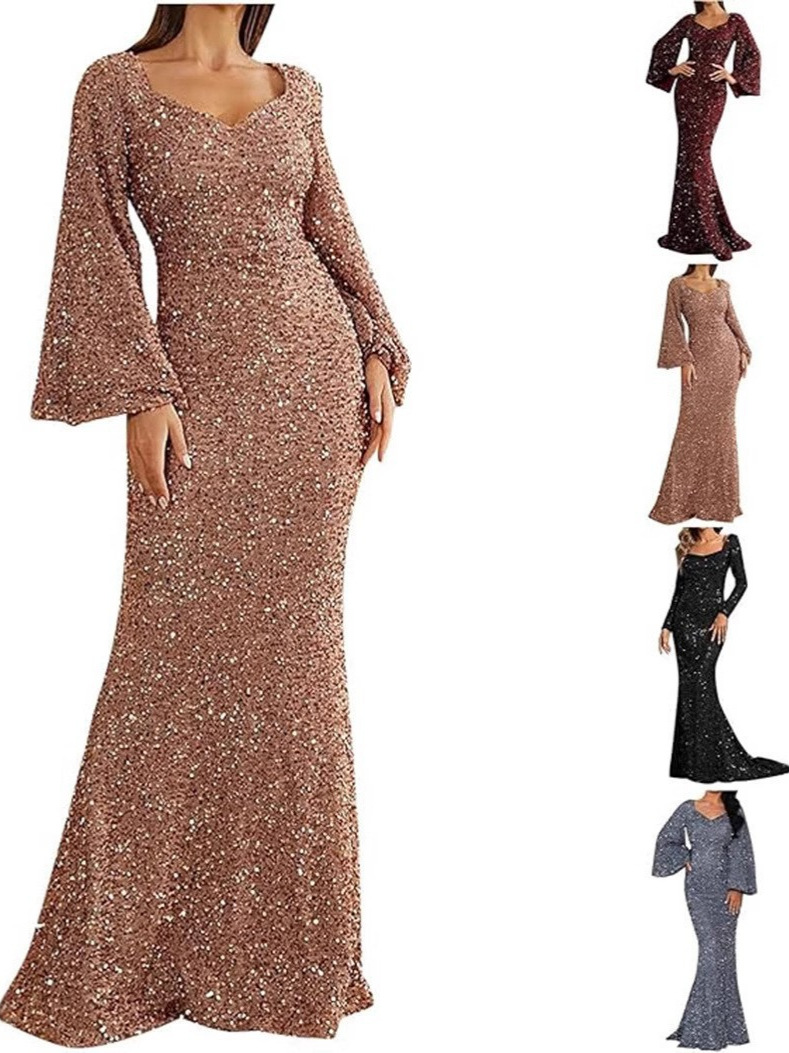 26 Winter New Cross-Border Fashion V-Neck Bodycon Sequin European and American Dress Mid-Waist Bell Sleeve Long Evening Dress