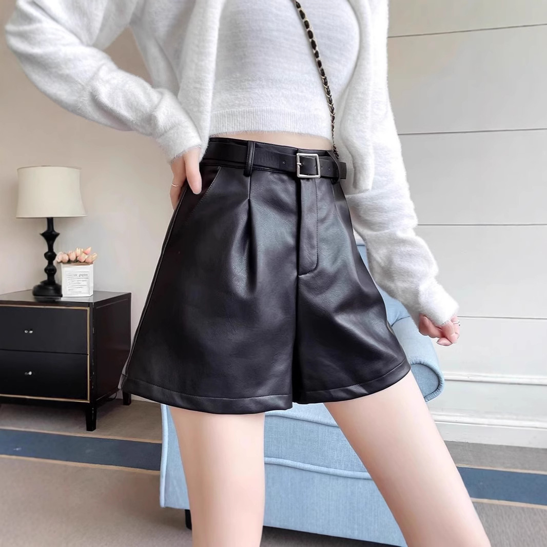 休闲高腰皮裤短裤女外穿阔腿裤子2025新款秋冬咖啡色高腰打底靴裤