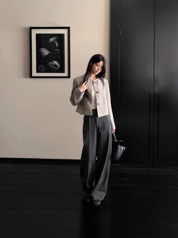 春秋新款复古圆领单排扣上衣女条纹宽松小香风外套女年轻简约时尚|undefined