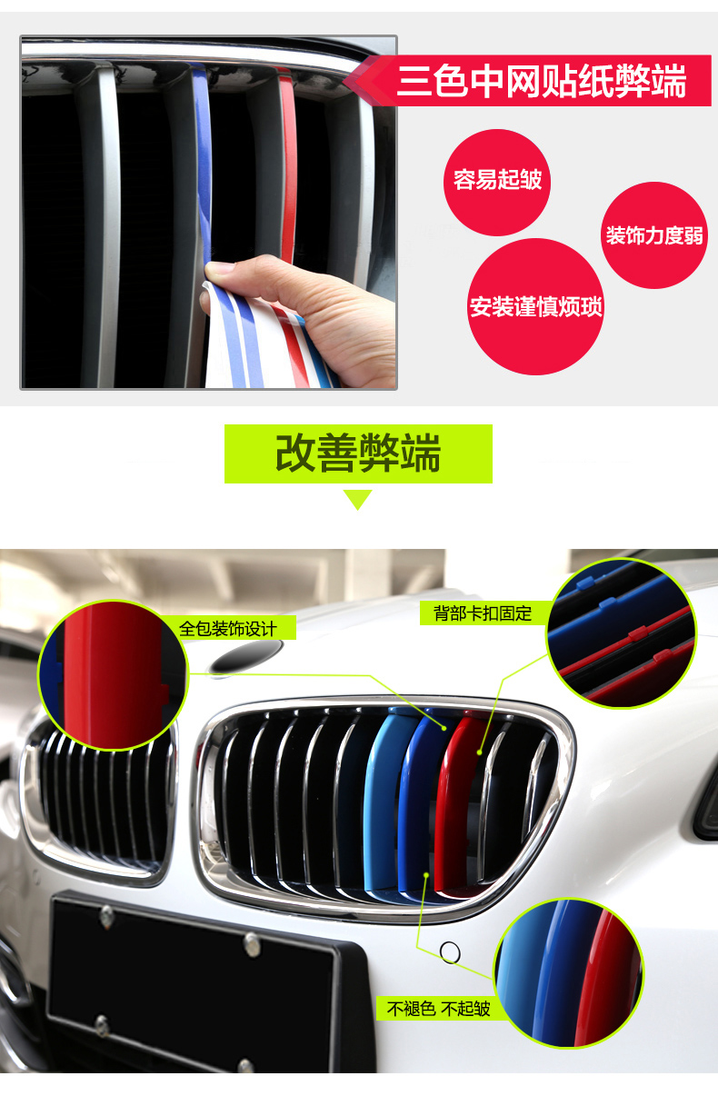 Suitable for 04-21 BMW 5 Series 525li 535li front grille three-color decorative strip interior modification car accessories