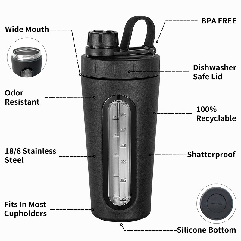 Creative Portable 304 Stainless Steel Shake Cup with Window Gym Protein Powder Substitute Sports Water Cup 700ml