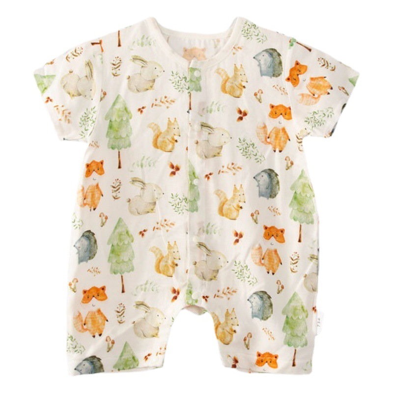 Ropa fresca de verano para bebé, mono de manga corta de gasa de algodón de bambú antibacteriano tipo A, fino.