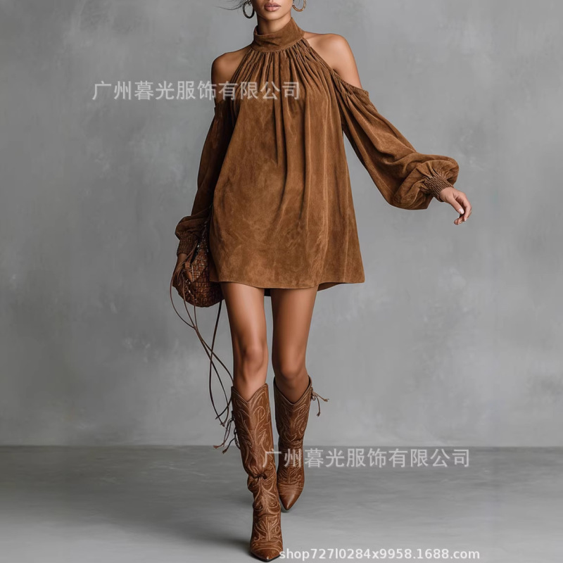 2026 European and American Independent Fashion Website Stylish Half-High Collar Halter Neck Dress Suede Lantern Sleeve Off-Shoulder Mini Dress 2026 European and American Independent Fashion Website Stylish Half-High Collar Halter Neck Dress Suede Lantern Sleeve Off-Shoulder Mini Dress