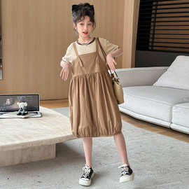 女童夏装背带裙套装儿童2024新款大童洋气时髦短袖裙子夏季两件套