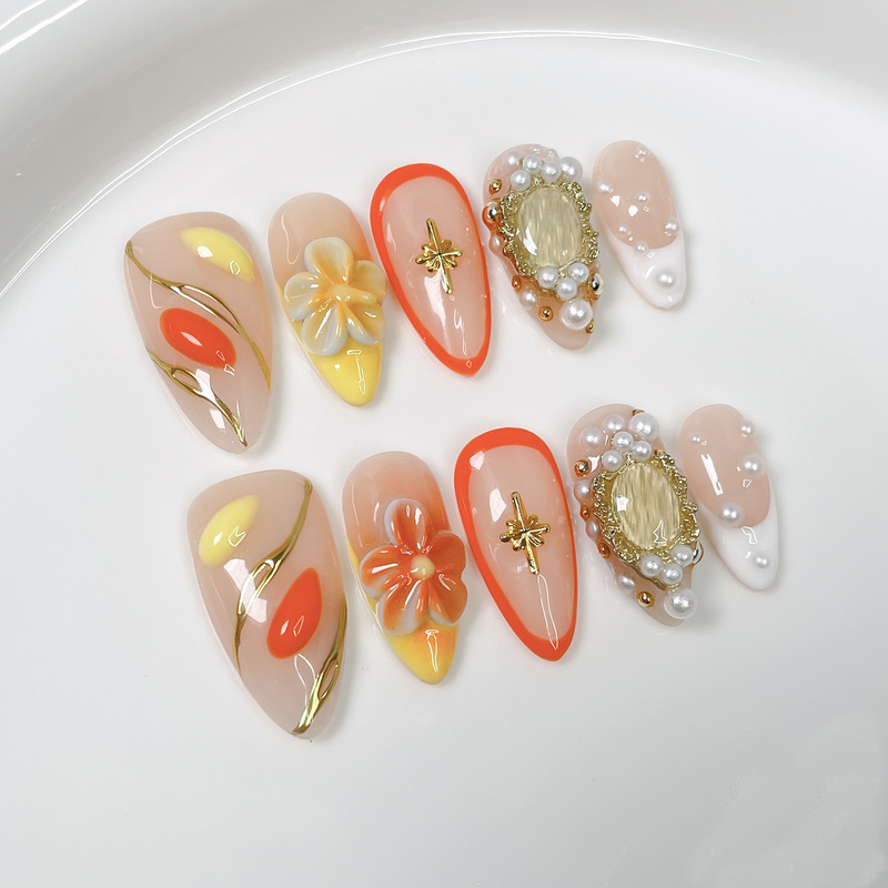染甲欧美杏仁甲ins风浮雕花朵法式珍珠美甲穿戴式手工穿戴甲批发|undefined