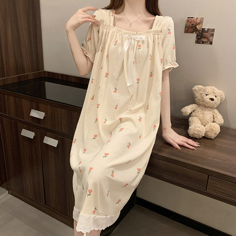 2025 nuevo verano vestido de pijama de mangas cortas nube de algodón de mujer princesa dulce vestido de casero vestido largo se puede usar fuera