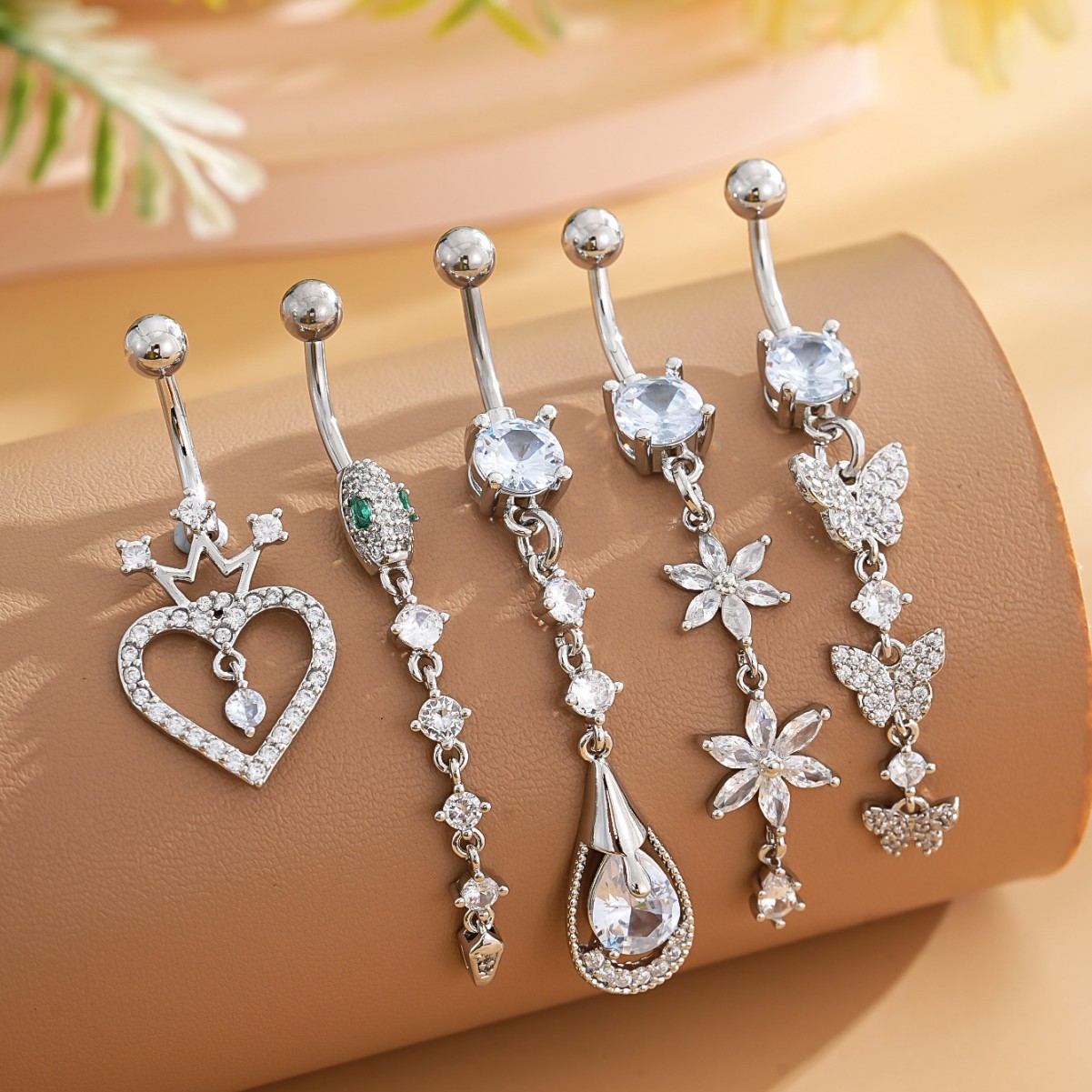 跨境新款铜镶锆石镀金脐钉不锈钢保色性感气质脐饰挂件吊坠肚脐扣