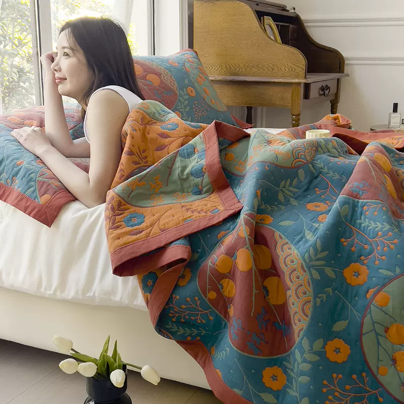 60S纯棉细纱三层毛巾被盖毯单双人沙发飞机办公室毯子套件空调被