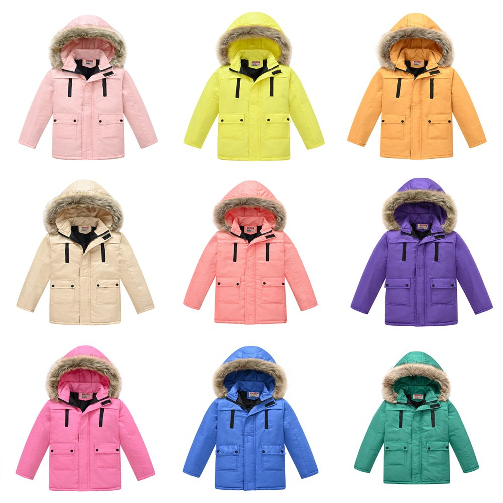 Wholesale Thick and Warm Padded Windproof Jacket for Big Kids, Pure Color with Removable Plush Hood, Unisex