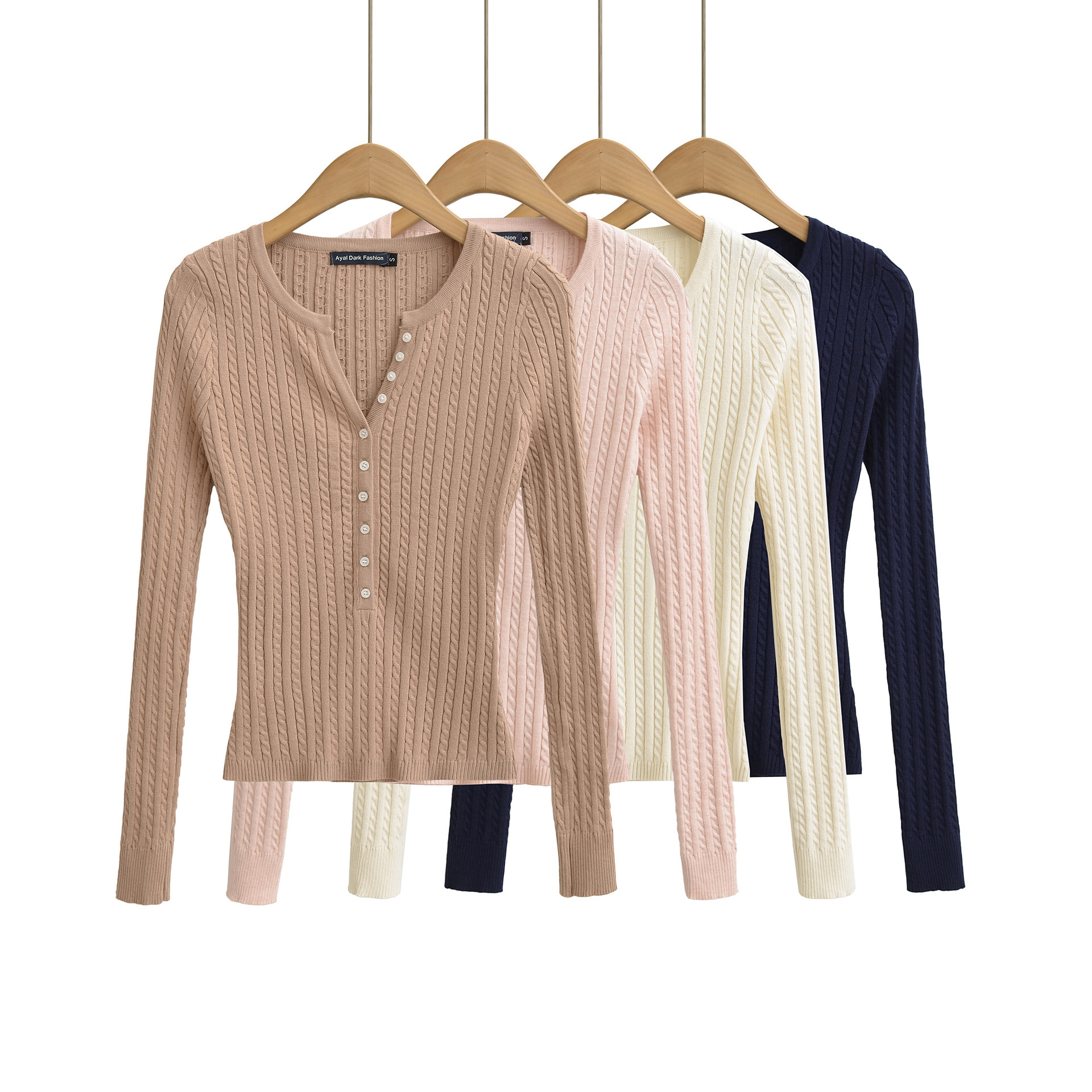 驼色排扣显瘦长袖针织衫女秋冬新款修身小个子短款收腰百搭薄毛衣