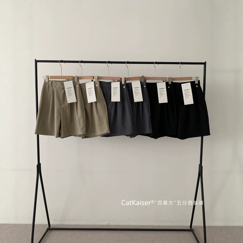 Catkaiser Bermuda Five-Point Suit Pants for Women, Summer New Thin High-Waisted Slimming Loose Wide-Leg Casual Shorts