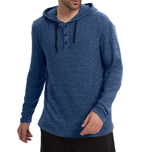 Men's European and American Autumn/Winter Long Sleeve Casual Hooded T-shirt with Corded Hood and Button Base Layer Top