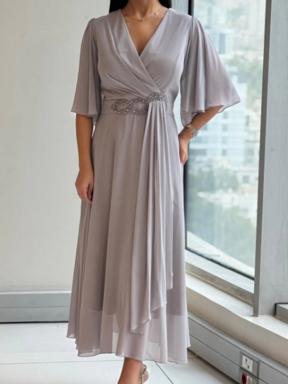 Women's V Neck Pleated Long Dress Solid Color Fashionable Design_ecoleips.com