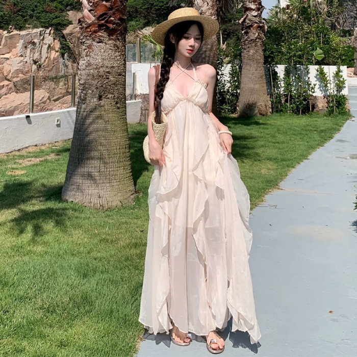 Sanya Elegant Heavy-Duty Halterneck Suspender Dress Women's Summer Long Skirt Photo Backless Seaside Vacation Beach Skirt