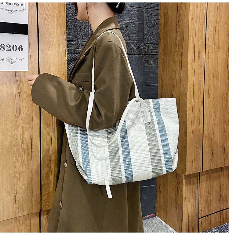 Bag Large Capacity Commuter Canvas Bag 2021 New Trendy Net Red Striped Tote Bag display picture 15