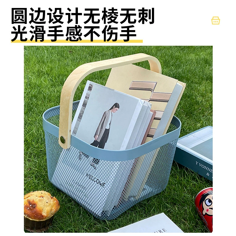 Покрытие Nordic Light Luxury Iron Art Strike Basketball Wood Handle Rolled Fruit Vegetables Basketable House Hollow Storage Basket