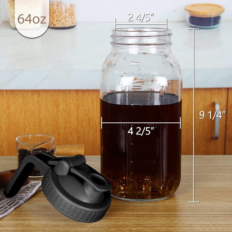 玻璃瓶64oz咖啡壶带翻盖和倾倒口密封水壶果饮壶带手柄梅森罐冷|undefined