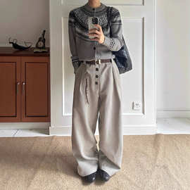 千鸟格复合打褶排扣a字阔腿西裤男老钱风cleanfit通勤百搭休闲裤