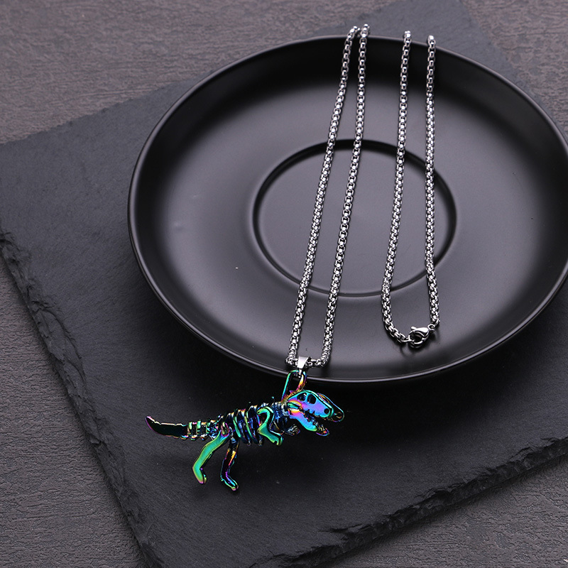 Collana con scheletro di dinosauro colorato, accessorio hip hop alla moda, ciondolo con personalità maschile e femminile, catena per studenti, regalo per coppie e fidanzate._voghion.com