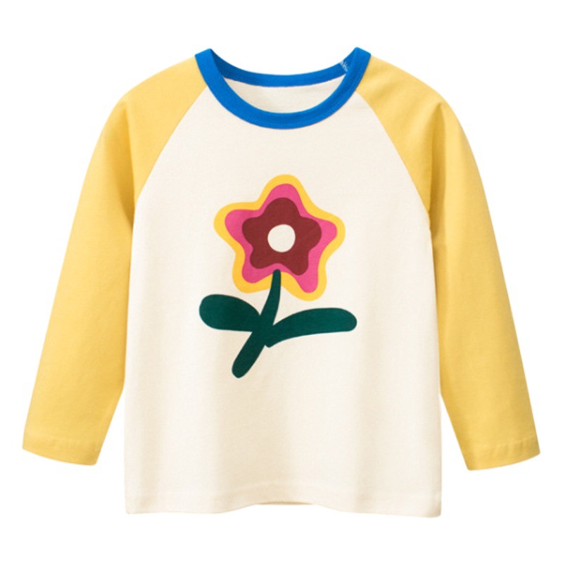 27 Camiseta de manga larga para niñas en casa al por mayor 2023 otoño nueva ropa para niños Camisa de fondo impresa de estilo occidental entrega de una sola pieza