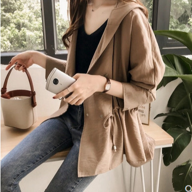 Spring New Women's Fashion Korean Loose Bf Hooded Trench Coat, Mid-Length Casual Long-Sleeve Cardigan Jacket Trendy