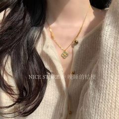 晚睡的桔梗「幽兰」新中式珐琅沙金四叶草项链长款中古小众毛衣链