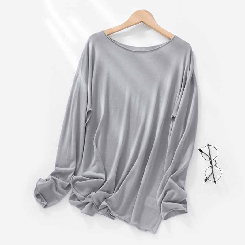 Minimalist Style Acetate Tencel Knit Long-Sleeve Women's T-Shirt with Rolled Hem, Off-Shoulder Neckline, Loose and Relaxed Fit, Lightweight Top