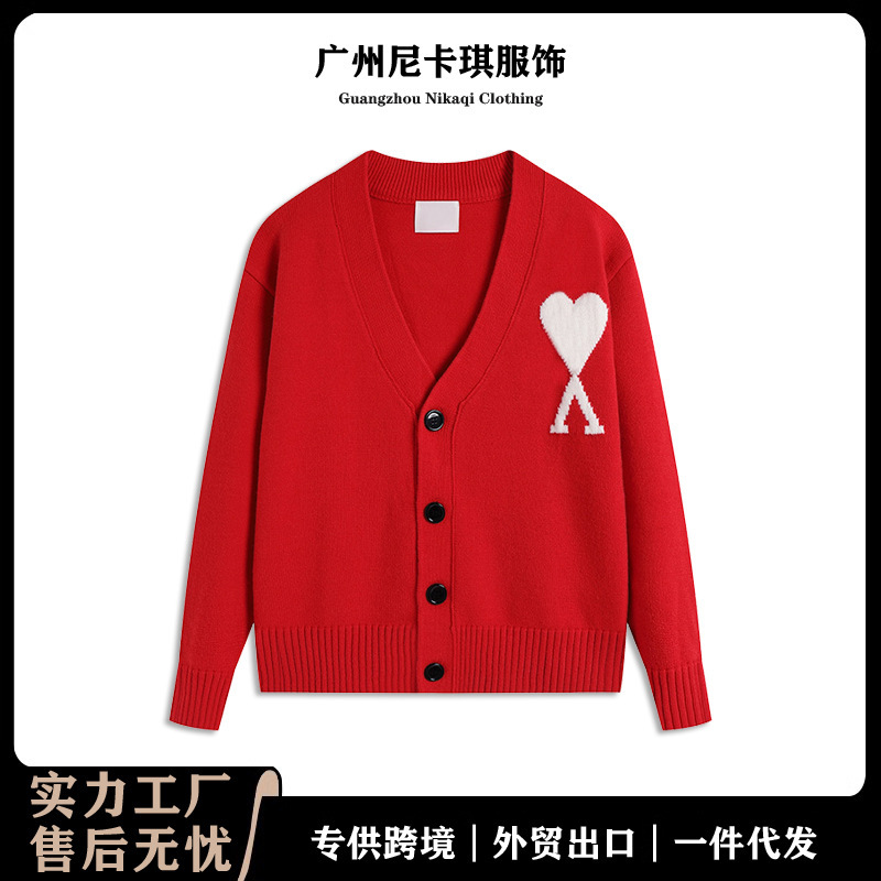 ami针织开衫25ss秋冬新款提花大爱心V领宽松男侣跨境羊毛毛衣外套|undefined