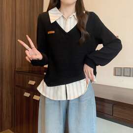 大码春秋新款韩版mm宽松显瘦假两件长袖女装卫衣条纹衬衫拼接上衣