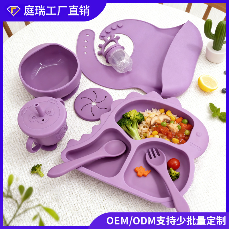Alimentación infantil platos de dinosaurio set de platos de entrenamiento cucharas para bebés de silicona dibujos animados bajacos ventosa tazón