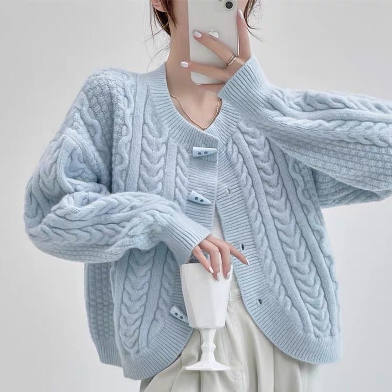 French Sweet Style Horn Button Twist Knitted Cardigan Sweater for Women Autumn and Winter New Design Chic Jacket Top French Sweet Style Horn Button Twist Knitted Cardigan Sweater for Women Autumn and Winter New Design Chic Jacket Top