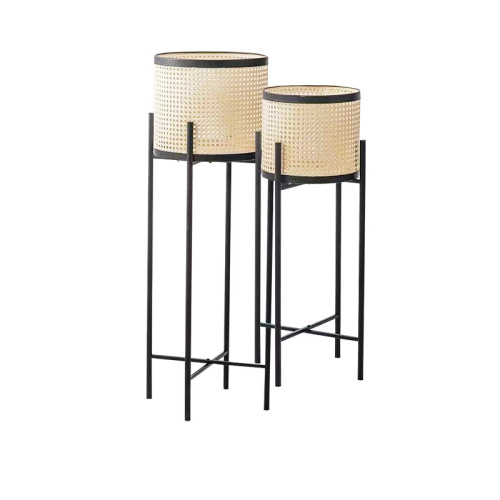 Modern light luxury minimalist Japanese style living room balcony indoor iron plant stand with rattan-like woven frame