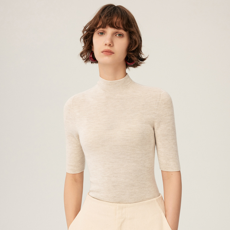 Seamless Half-Turtleneck Fine-Spun Wool Sweater for Women, Autumn and Winter, 18-Gauge, Machine Washable, Short-Sleeve Knit Base Layer