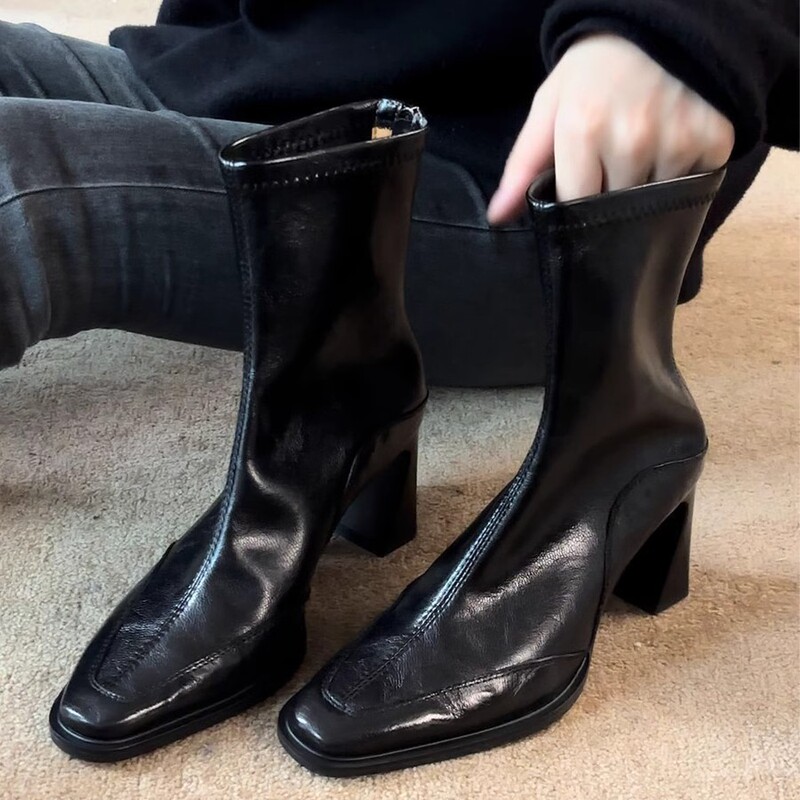 Sheepskin Version 2025 Autumn and Winter New French Retro Slim Boots High Heel Thick Heel Short Boots Women's Small Square Toe Elastic Boots Sheepskin Version 2025 Autumn and Winter New French Retro Slim Boots High Heel Thick Heel Short Boots Women's Small Square Toe Elastic Boots