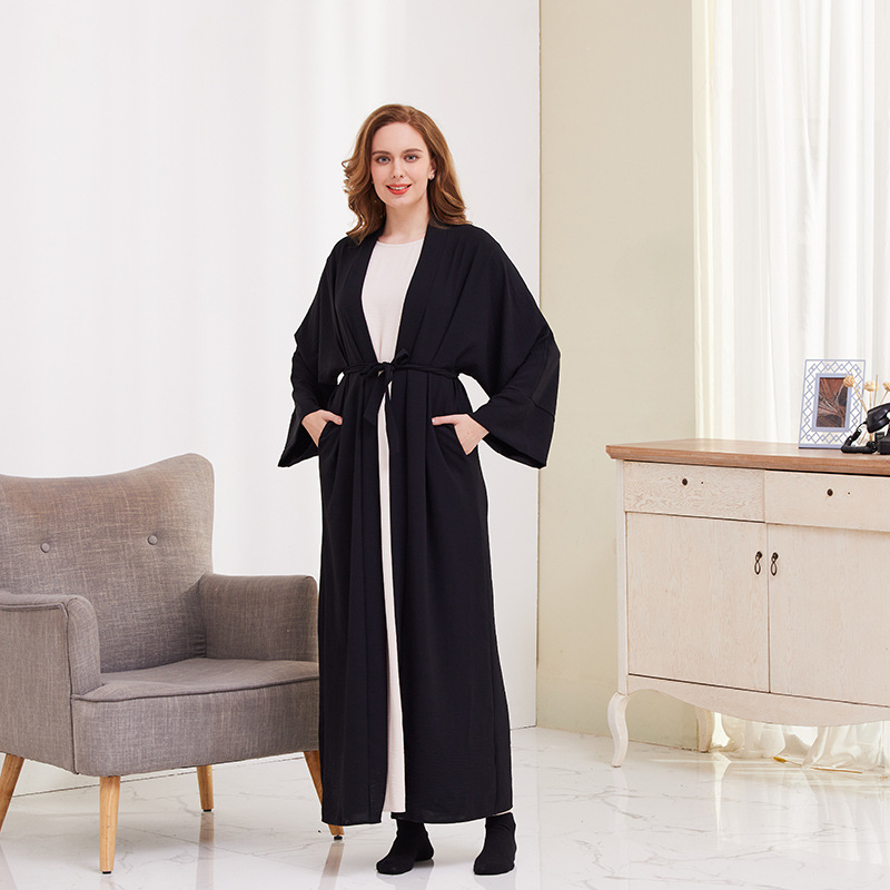 Muslim Cardigan Robe For Women Solid Colour Tie-up Dubai Style_voghion.com