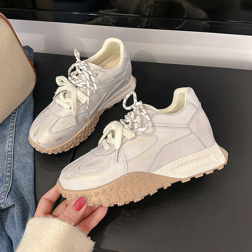 Leather version~8cm low-profile insole retro color-blocked women's training shoes, unisex casual sports dad shoes