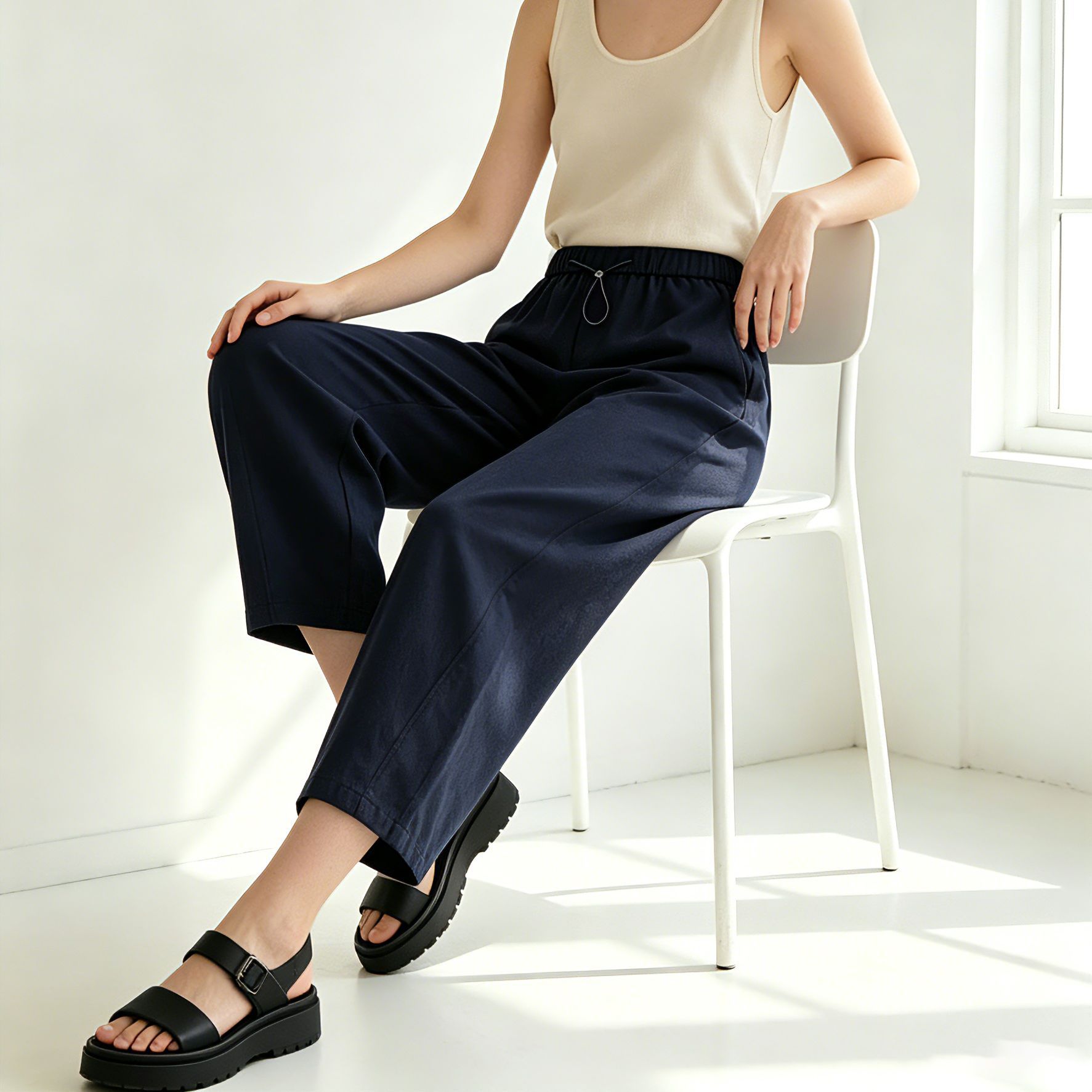 Quần culottes nữ ống rộng cạp chun rút dây dáng lười — Xanh lông mòng đen chi tiết 1