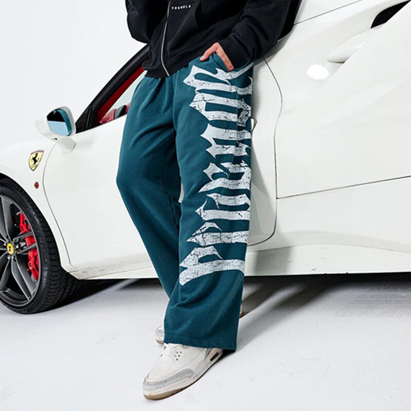 YOUNG Large Printed Wide Leg Pants Men's Sports Fitness Jogging Straight plus size Fashionable Trendy Brand Casual Pants