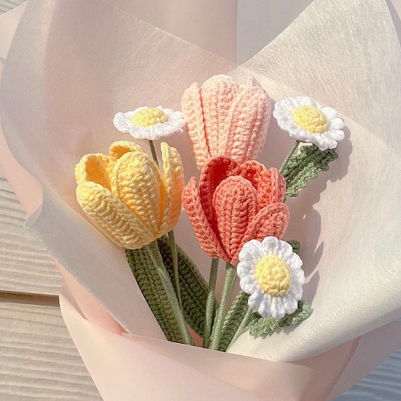 Tulipanes margaritas ramos tejidos a mano hilo de lana crochet flores terminadas para novias y novias regalos navideños