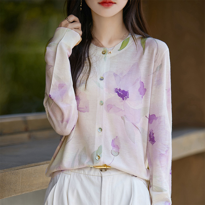 25 Years New Women's Water Soluble Wool Crewneck Cardigan Printed Design Lightweight Single-breasted Long-sleeved Jacket