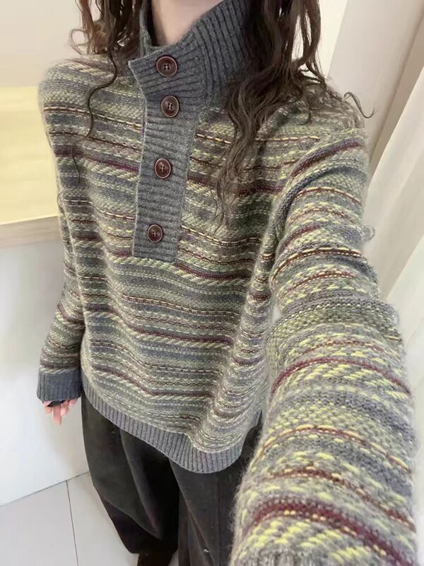 European goods | 2026 winter high-neck retro striped thickened 100% pure wool sweater for women, soft and cozy cashmere knit for autumn and winter